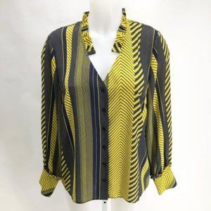 Jessica Rose Beautiful Yellow & Navy Button Down blouse Ruffle collar Small 4-6